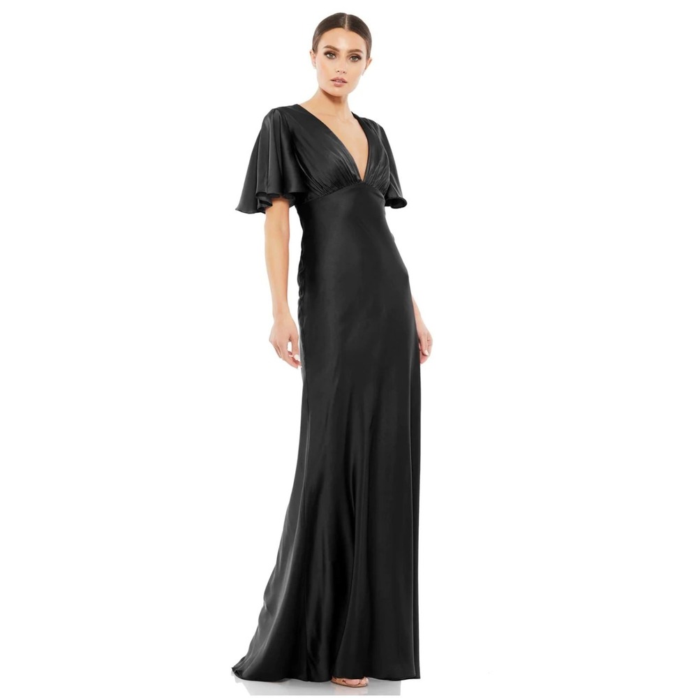 Mac Duggal 55402‎ Black Satin Flounce Sleeve Gown Maxi Dress 4 NWT